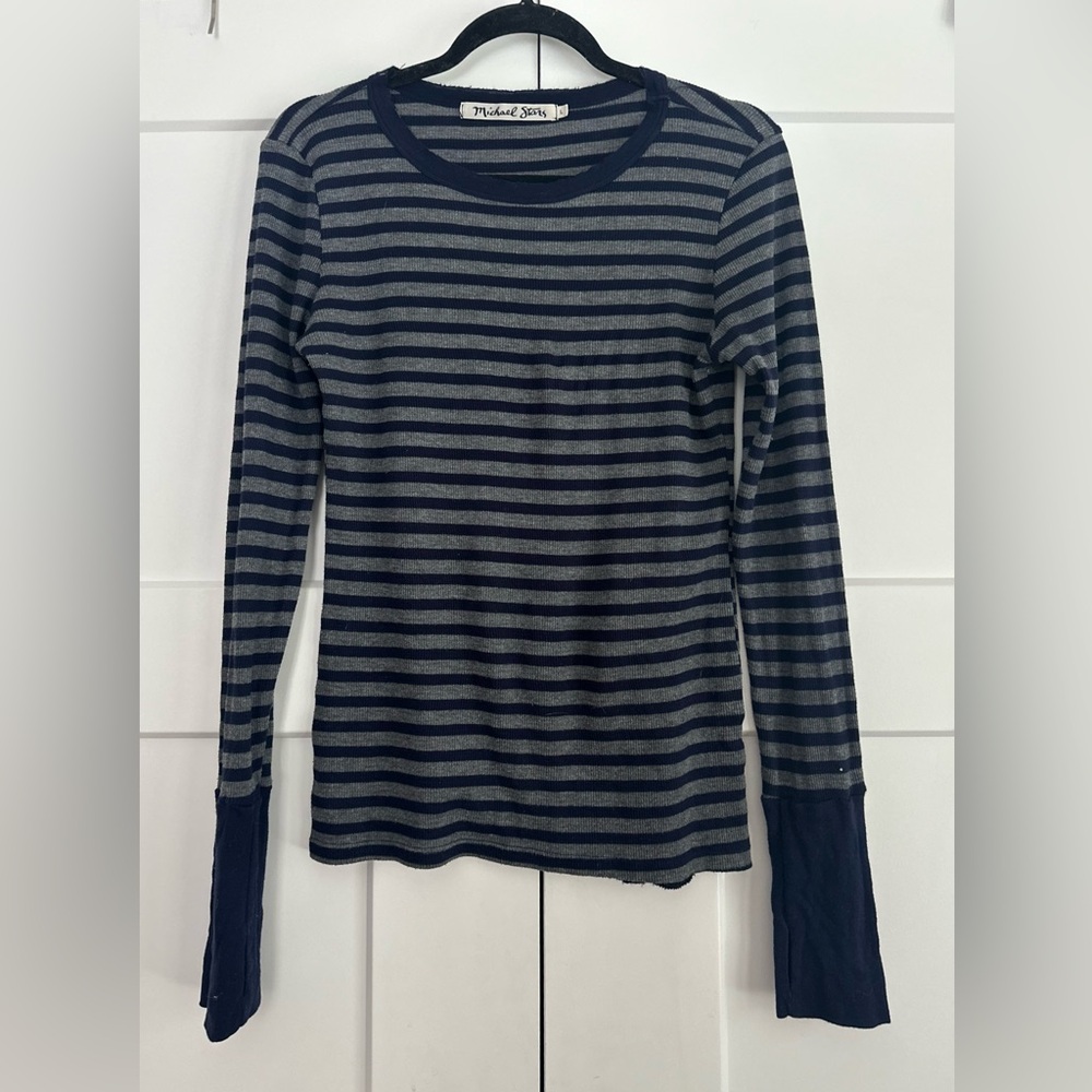 Michael Stars Juliet Striped Thermal Navy Gray Contrast Cuffs Size L